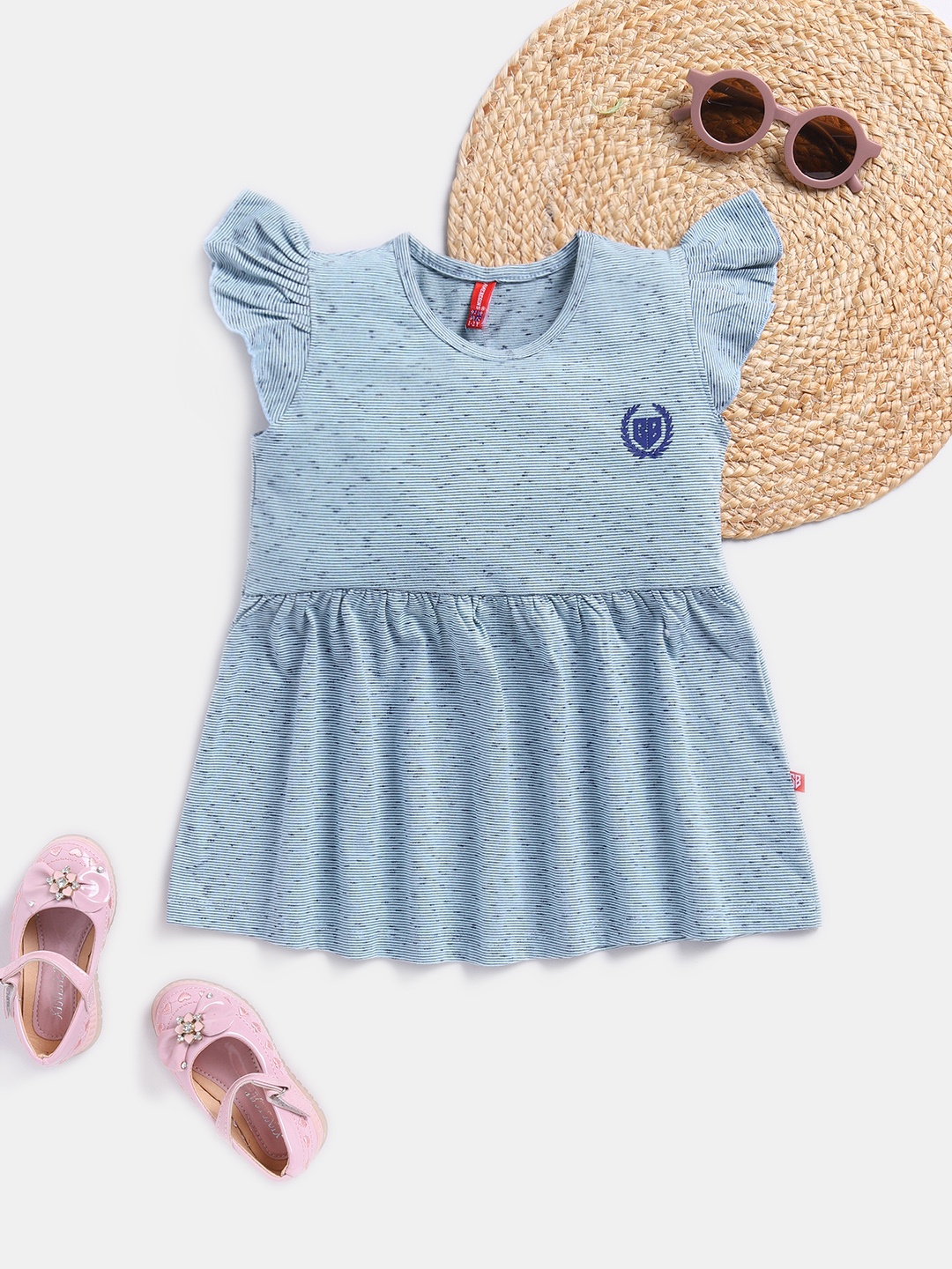 

Here&Now X Game Begins Girls Striped Flutter Sleeves Gathered Pure Cotton A-Line Dress, Blue