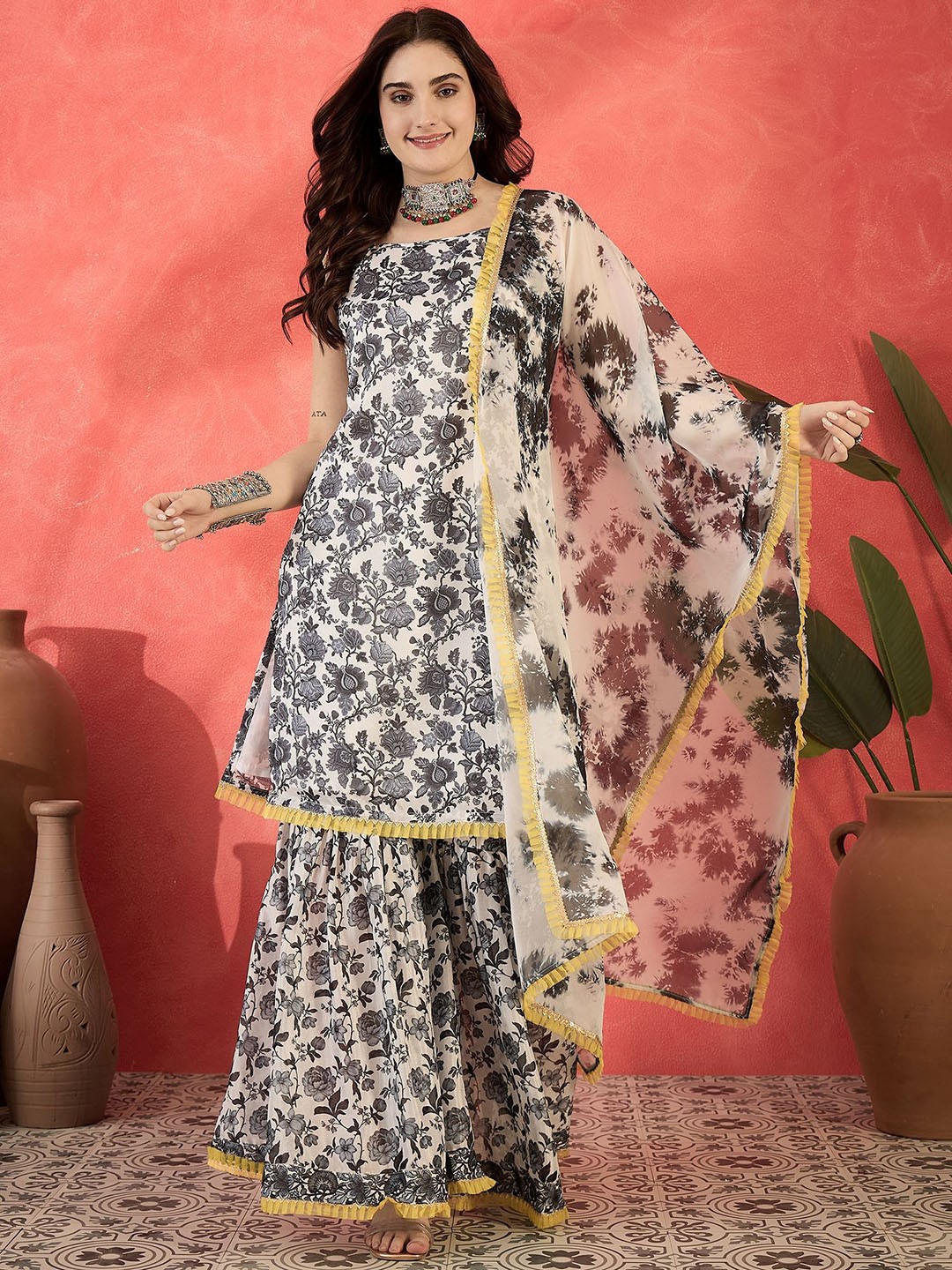 

Sangria Floral Printed Gotta Patti Straight Kurta with Sharara & Dupatta, White