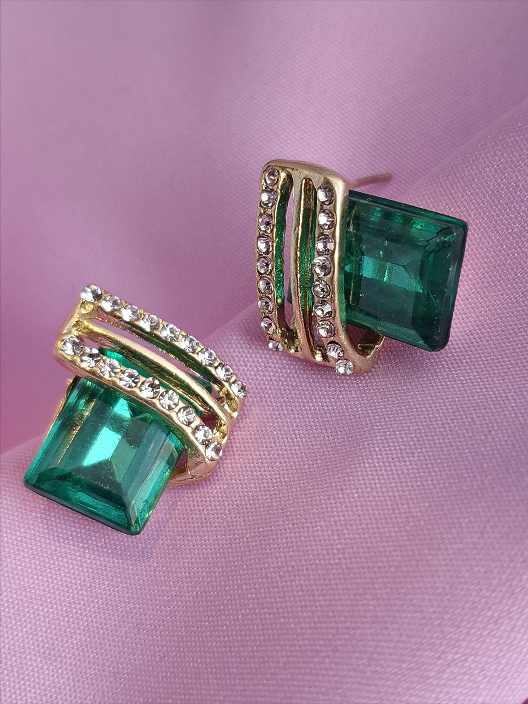 

Zhouse Gold-Plated Crystals Studded Contemporary Studs, Green