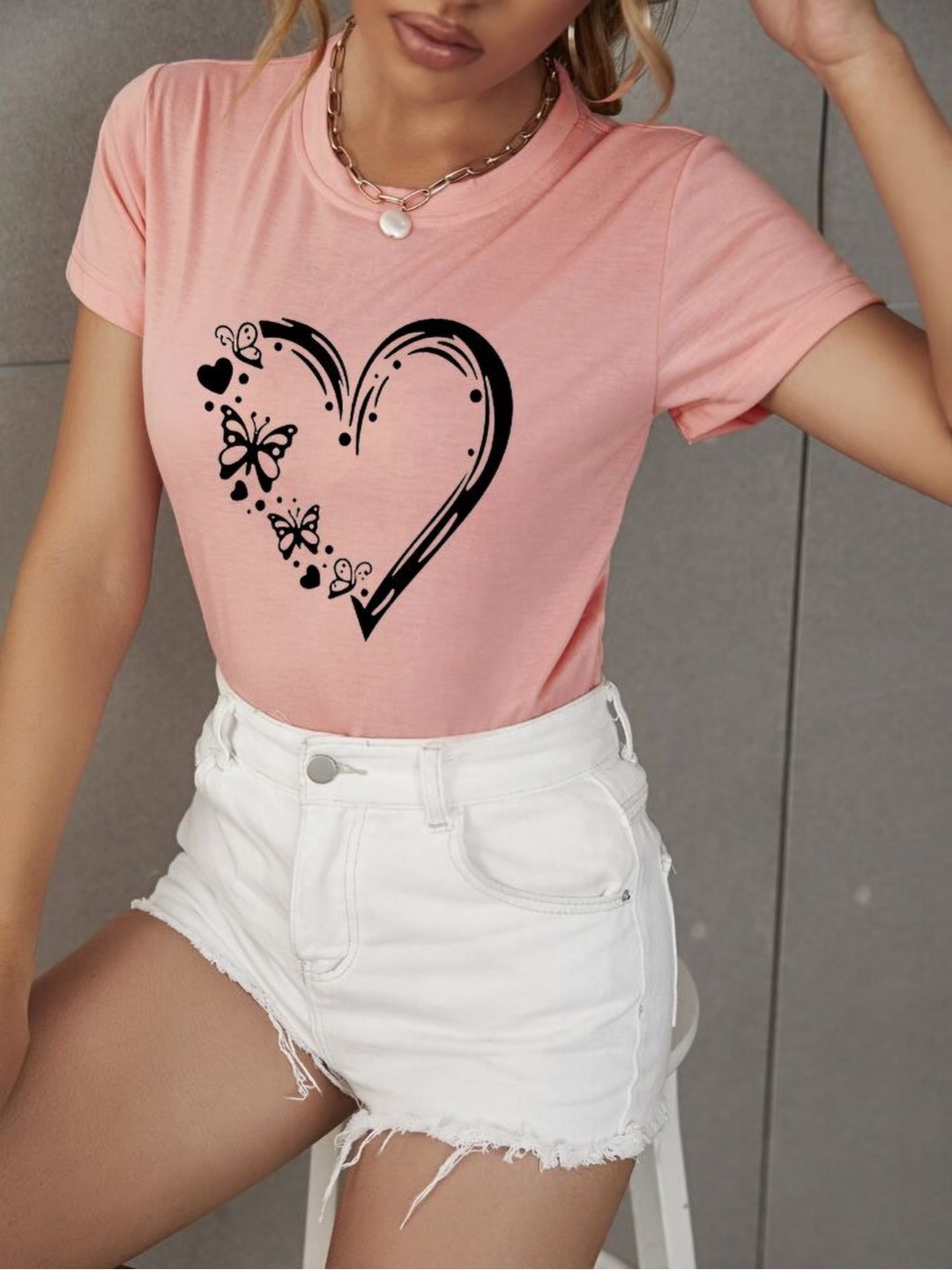 

Parona Women Graphic Printed Round Neck T-shirt, Peach