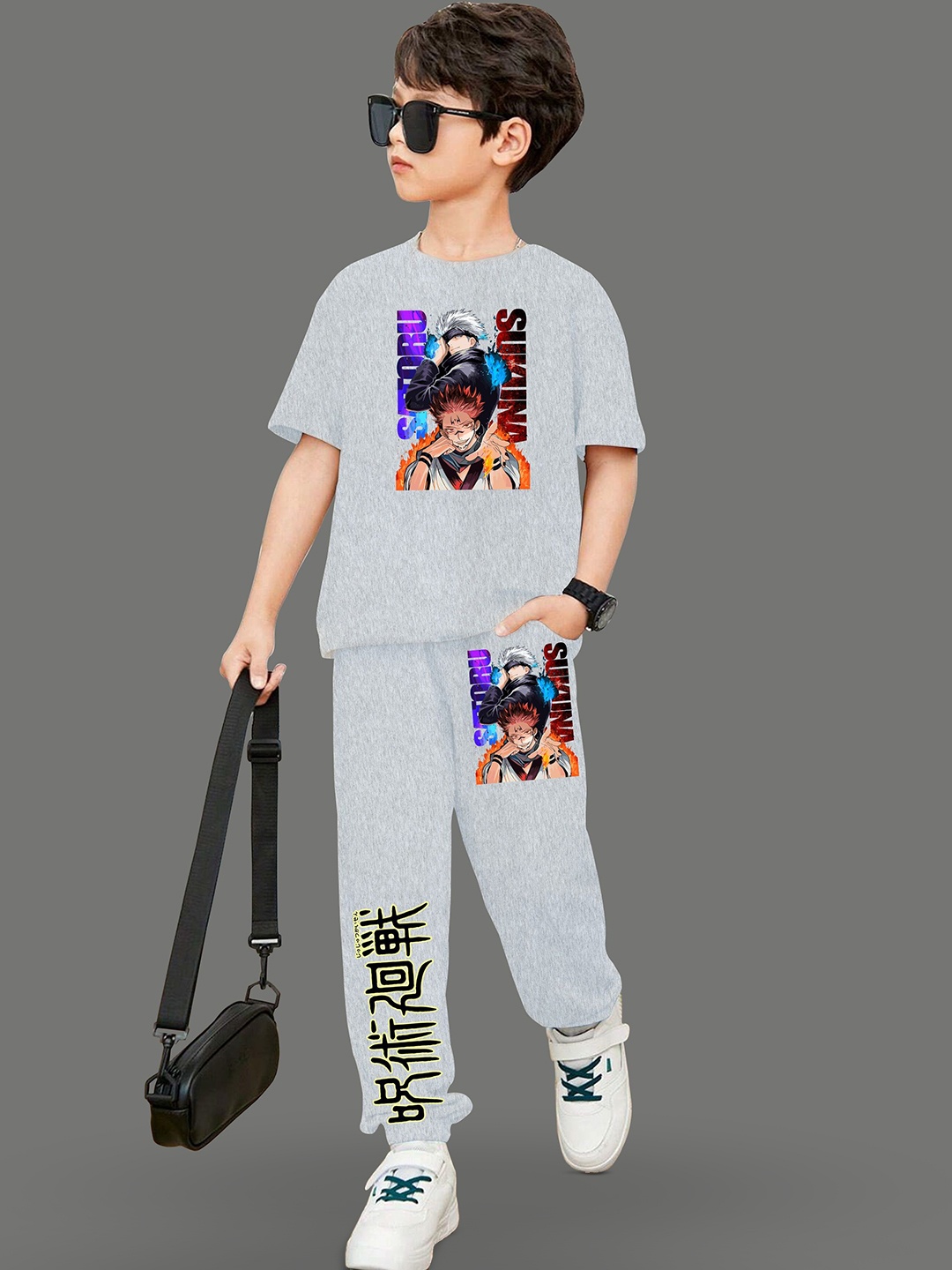 

MODARUE Boys Anime Printed Round Neck T-shirt With Joggers, Grey melange