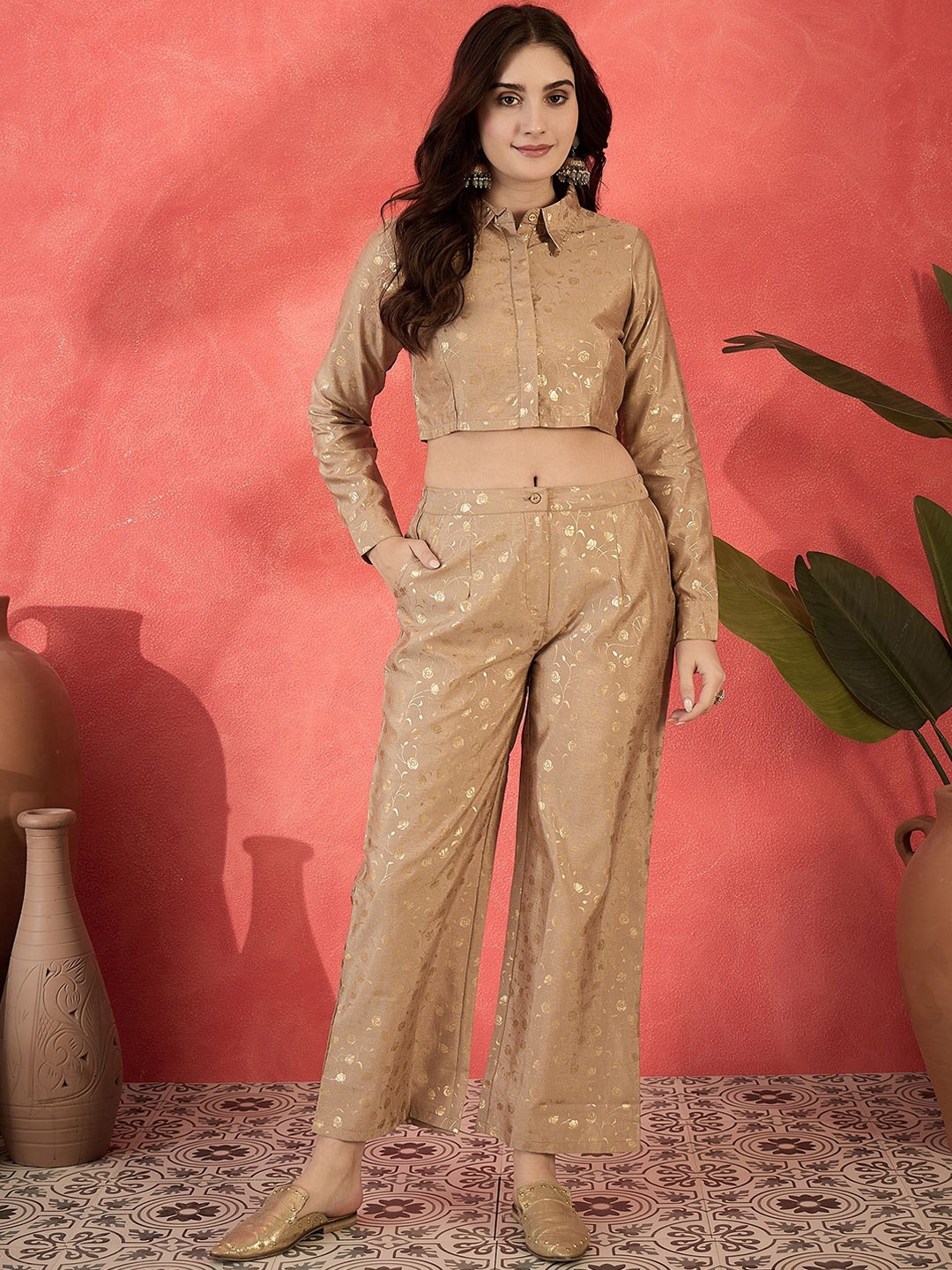 

Sangria Printed Long Sleeves Shirt & Trousers, Beige