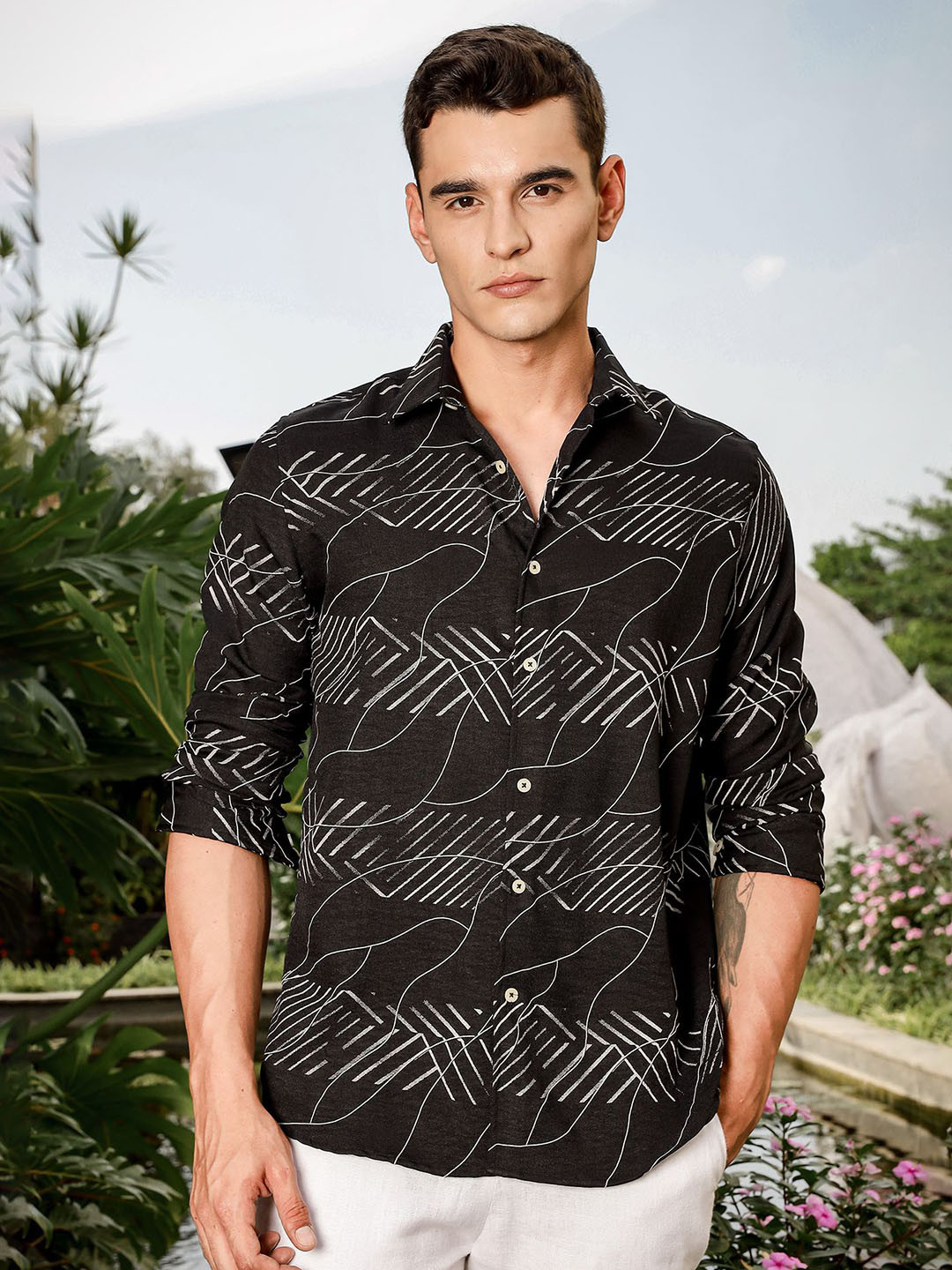 

Thomas Scott Men Smart Slim Fit Opaque Printed Casual Shirt, Black