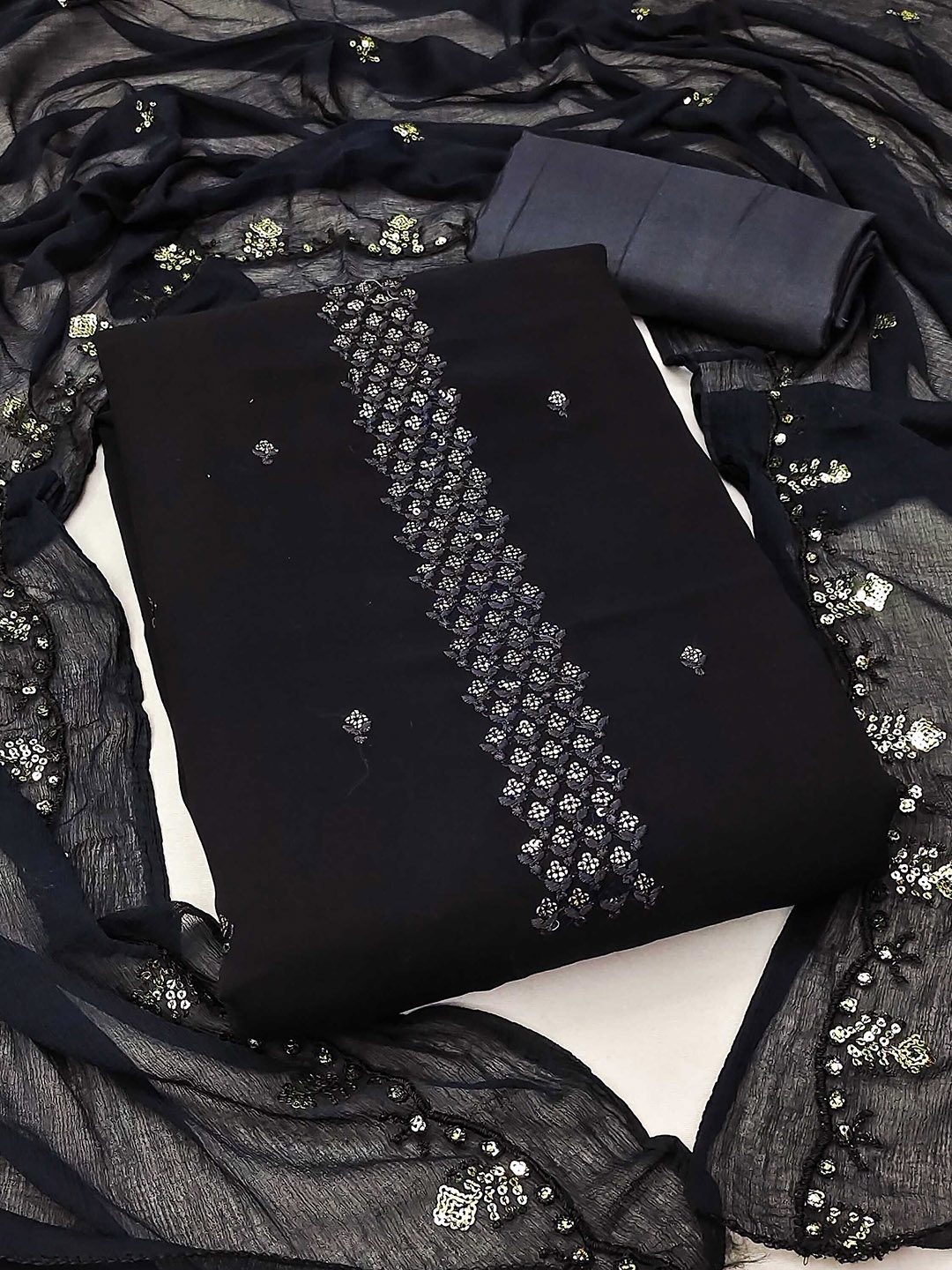 

SHADOW & SAINING Floral Embroidered Sequinned Silk Georgette Unstitched Dress Material, Black