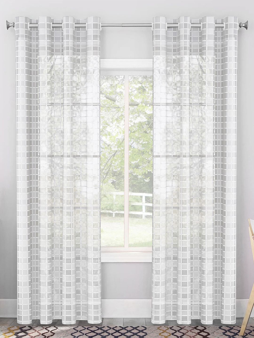 

Story@home Serene White Set of 2 Geometric Sheer Long Door Curtains