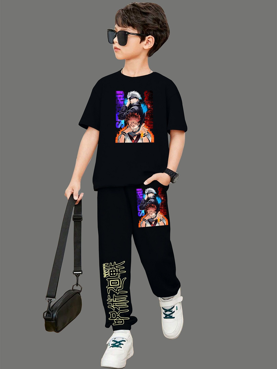 

MODARUE Boys Jujutsu Kaisen Gojo Printed Round Neck T-Shirt With Jogger, Black