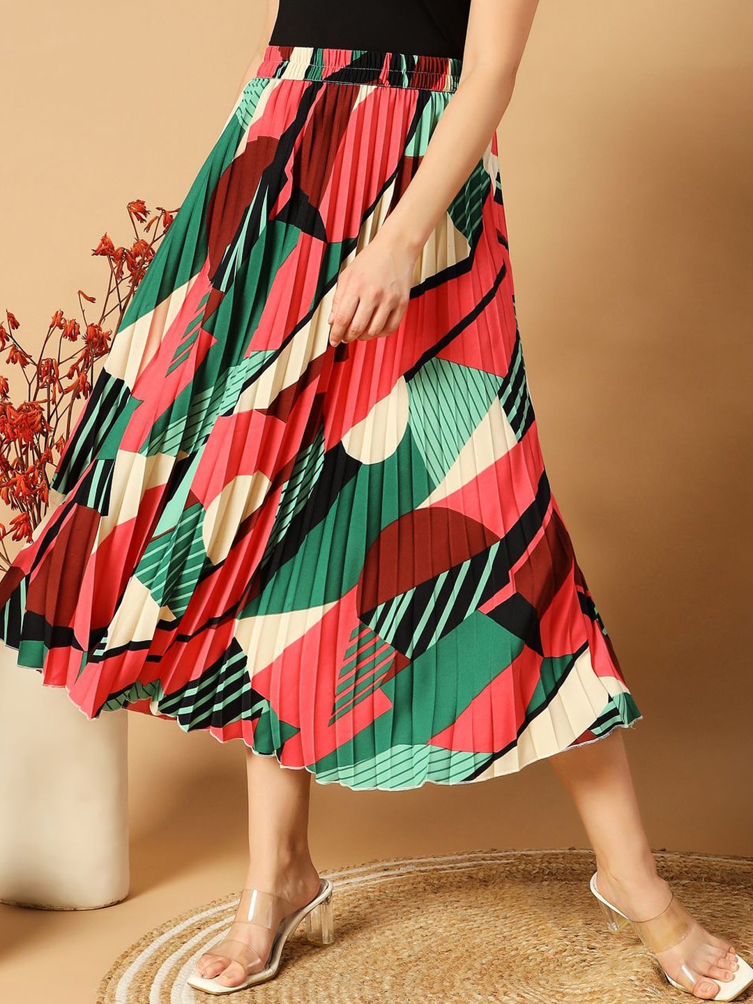 

ZWERLON Women Printed Accordion Pleated Flared Maxi Skirt With Belt, Red
