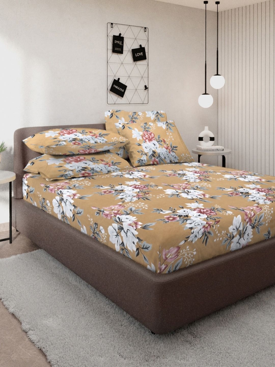 

Myntra Elegant Homes Brown & White Floral Printed 300 TC King Bedsheet Set 2.5 m X 2.25 m