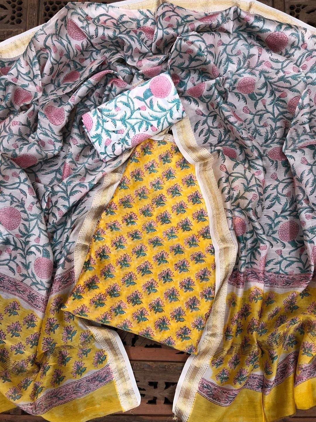 

PALASH Floral Block Printed Pure Silk Unstitched Dress Material, Yellow