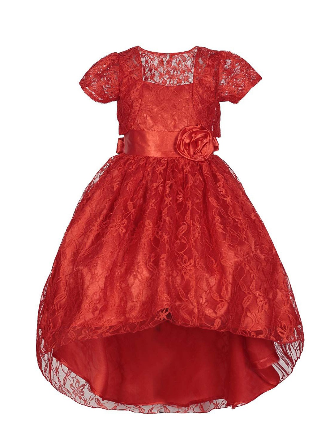 

Wow Princess Girls Square Neck Short Sleeves High-Low Fit and Flare Dress, Red