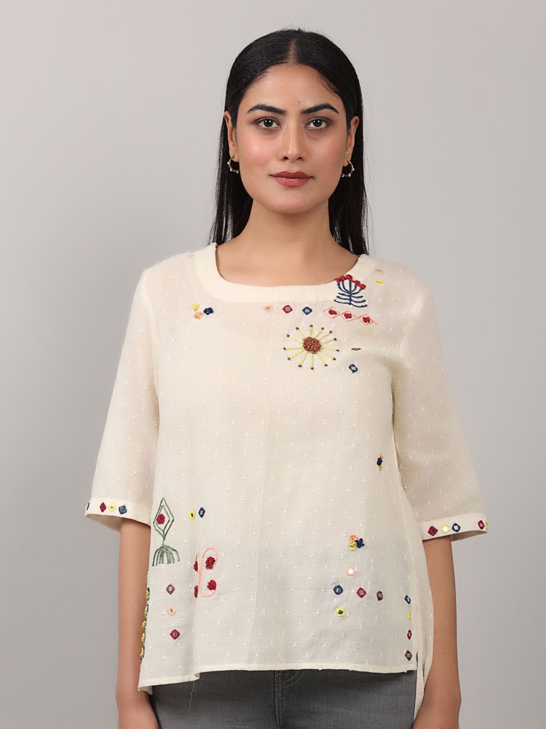 

Oskos Embroidered Cotton Top, Cream