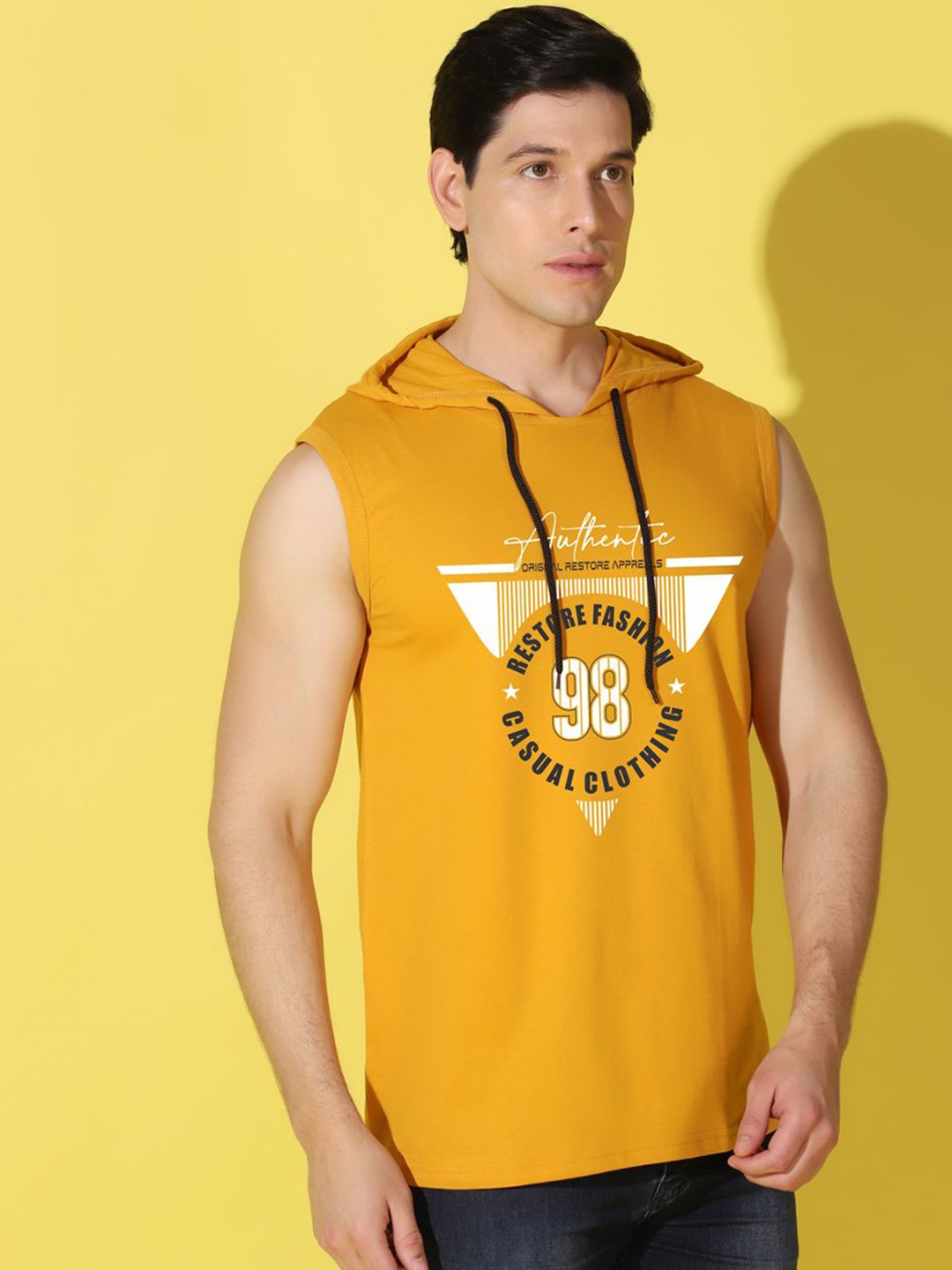 

WOOSTRO Men Typography Printed Hooded Cotton T-shirt, Mustard