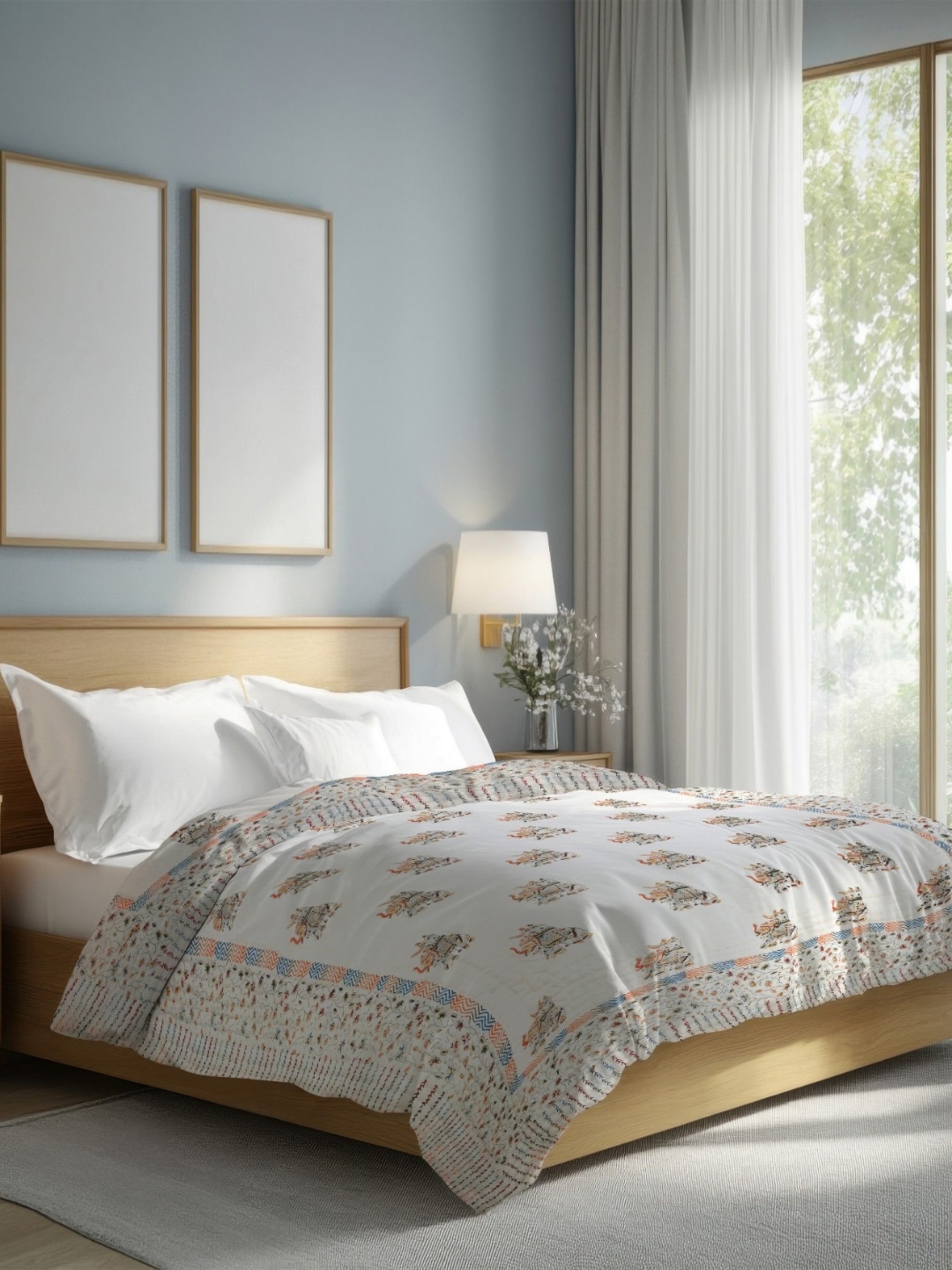 

The Rajwadi Feather Light White Ethnic Motifs Pure Cotton 90 GSM AC Room Double Bed Quilt