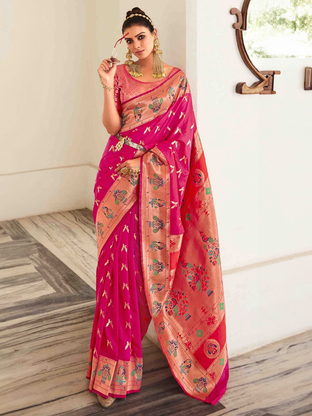 

Mitera Woven Design Zari Pure Georgette Paithani Saree, Pink