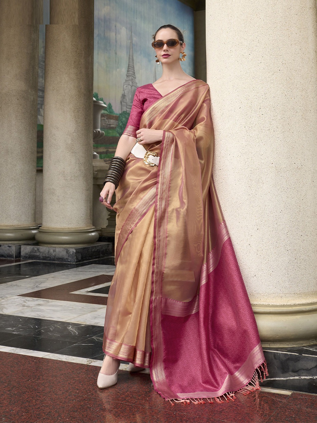

MAHALASA Woven Design Tissue Saree, Gold