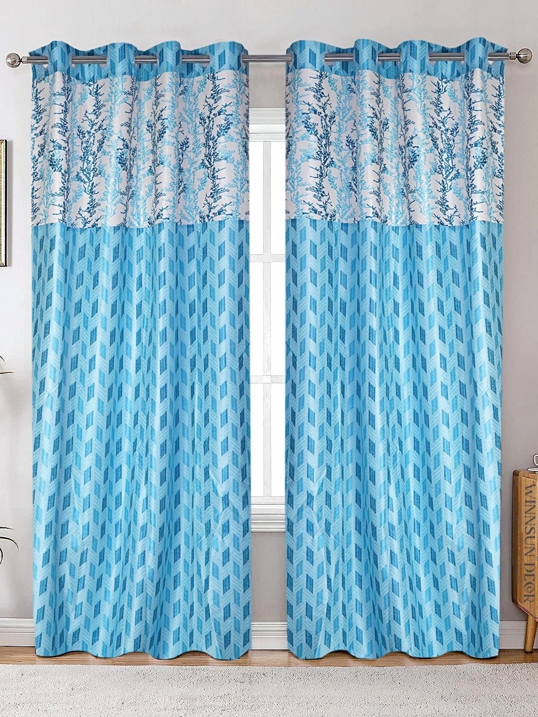 

Winnsun Blue & White 2 Pieces Floral Printed Room Darkening Door Curtains