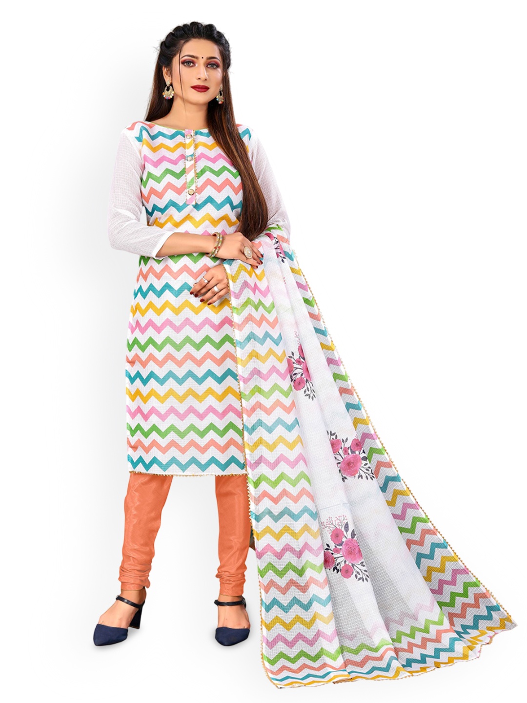 

SHADOW & SAINING Printed Pure Cotton Unstitched Dress Material, White