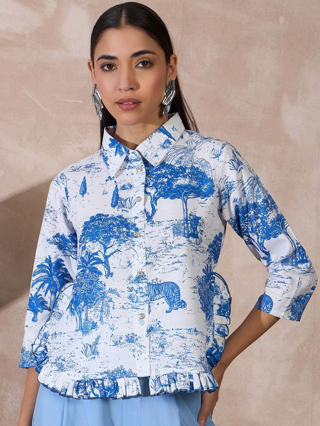 

all about you Women Printed Shirt Collared Ruffled Shirt Style Regular Top, Blue