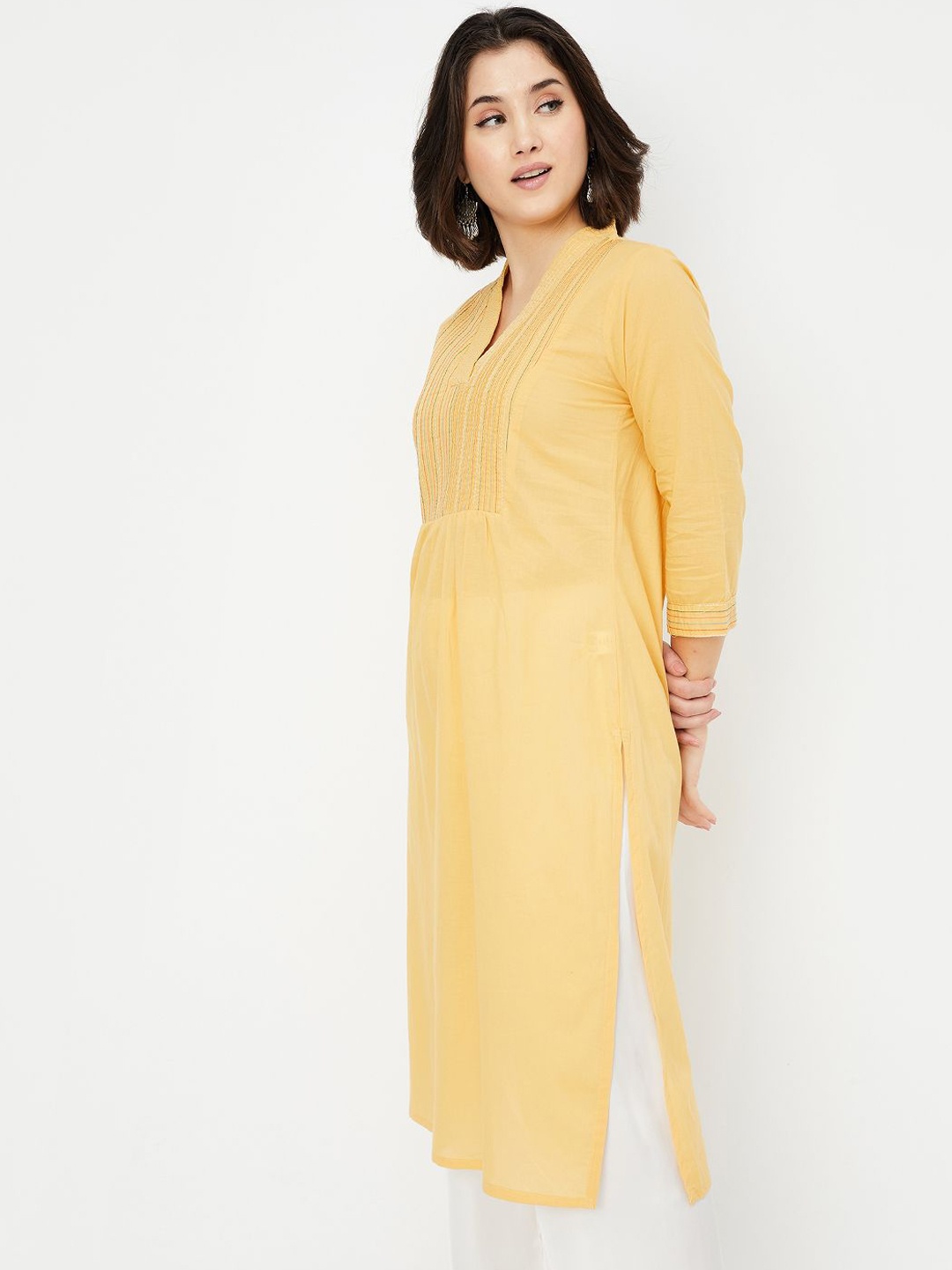 

max Women Thread Work Kurta, Yellow
