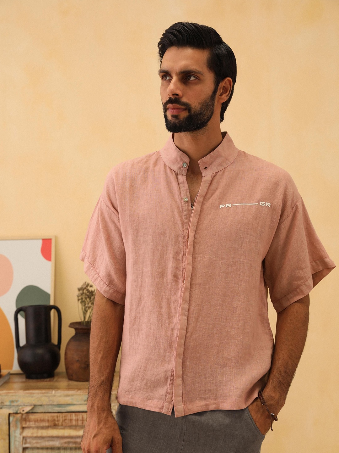 

PRIMAL GRAY Men Oversized Fit Band Collar Solid Linen Casual Shirt, Peach