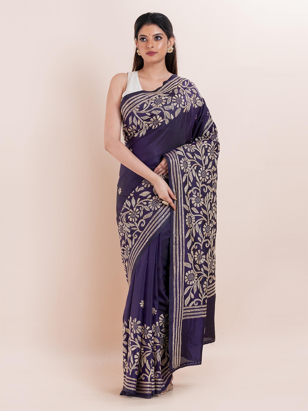 

PUKU Ethnic Motifs Kantha Work Saree, Blue