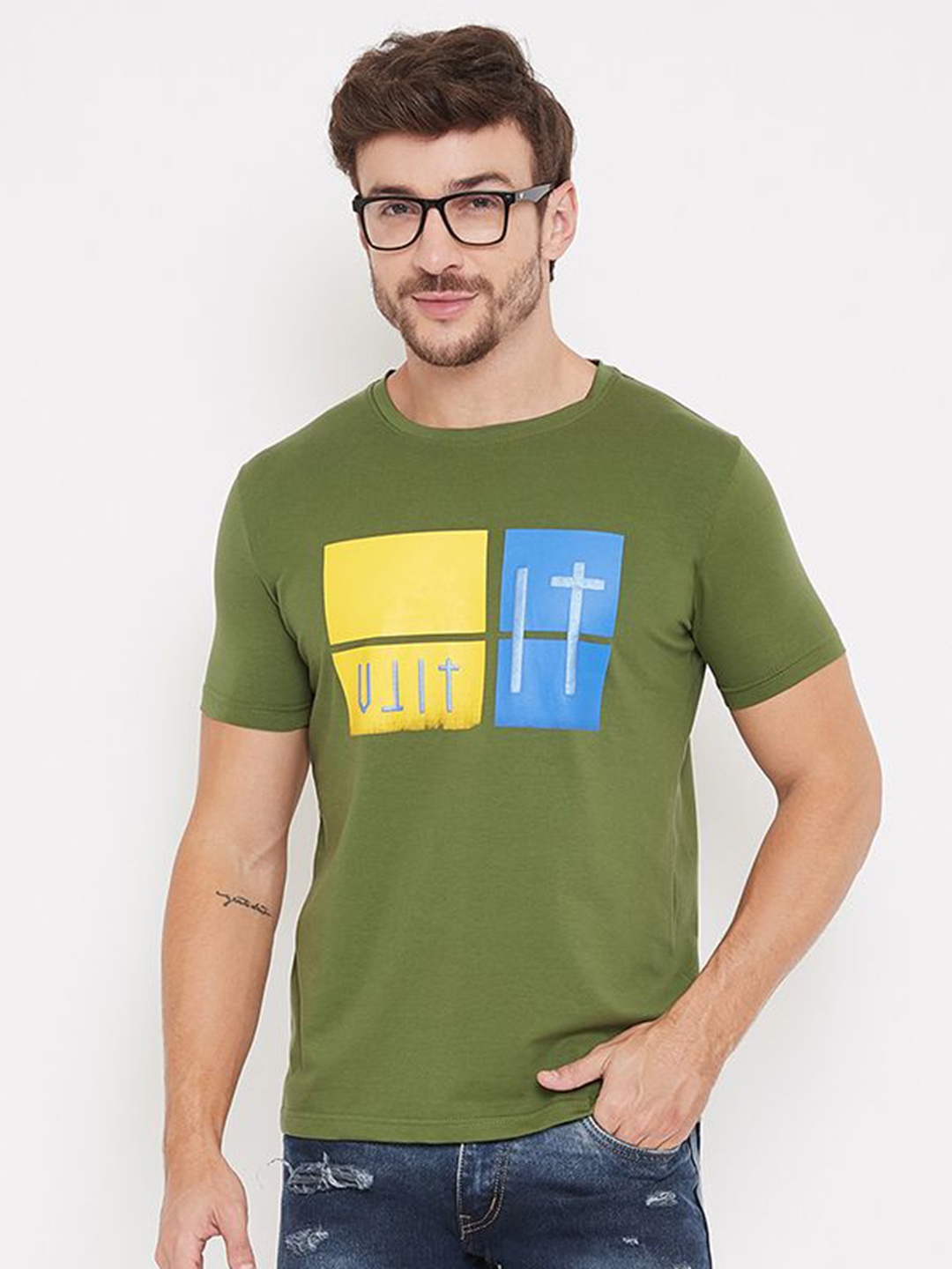 

Bishop Cotton Men Printed Applique T-shirt, Olive