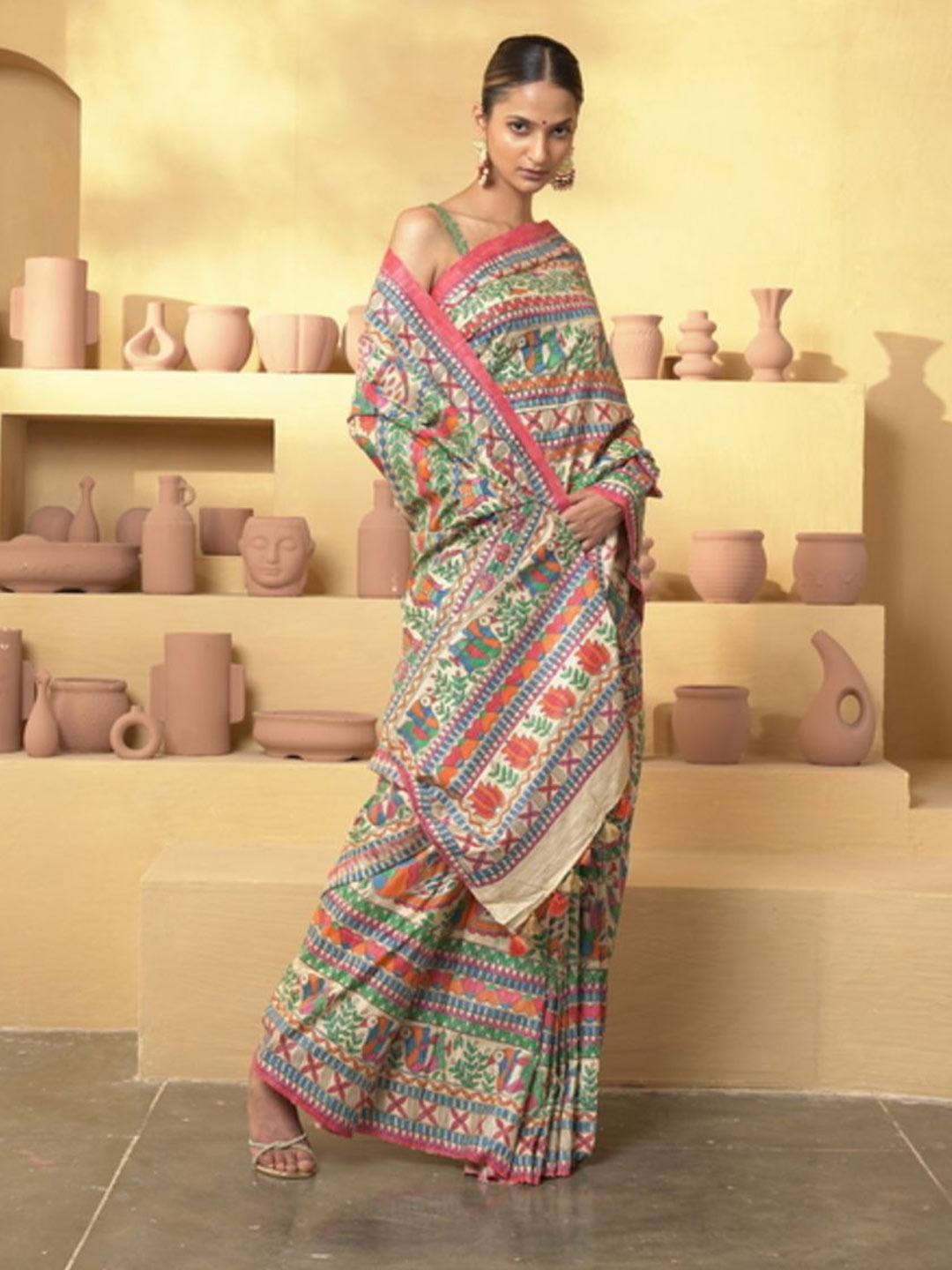 

HOUSE OF MAITHILI Ethnic Motifs Printed Pure Silk Saree, Beige