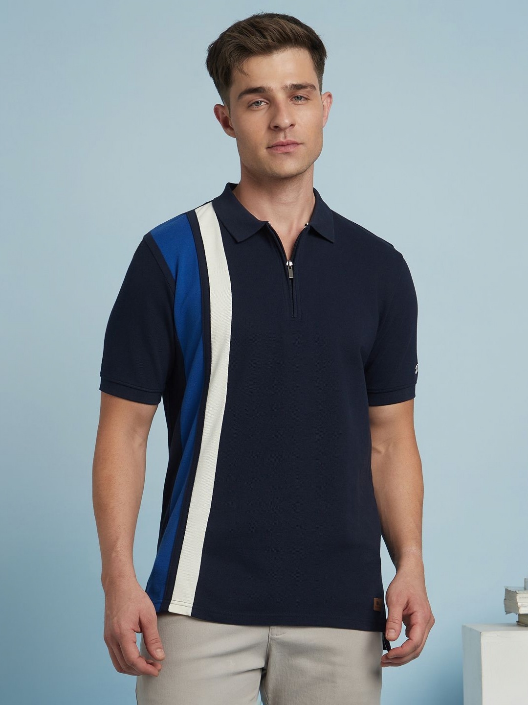 

Dennis Lingo Men Striped Polo Collar Regular Fit Cotton T-shirt, Navy blue