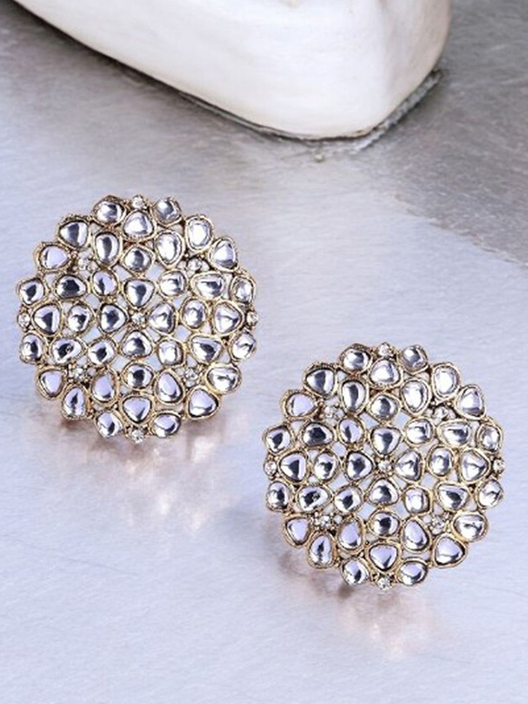 

ADORN Gold Plated Kundan Studded Circular Studs, White