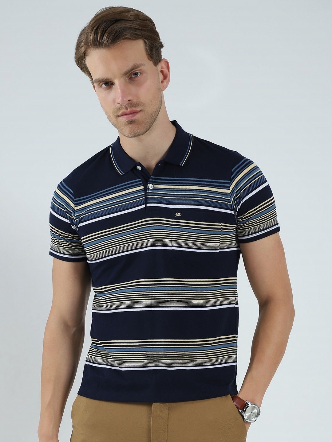 

Monte Carlo Men Striped Polo Collar Pockets T-shirt, Navy blue