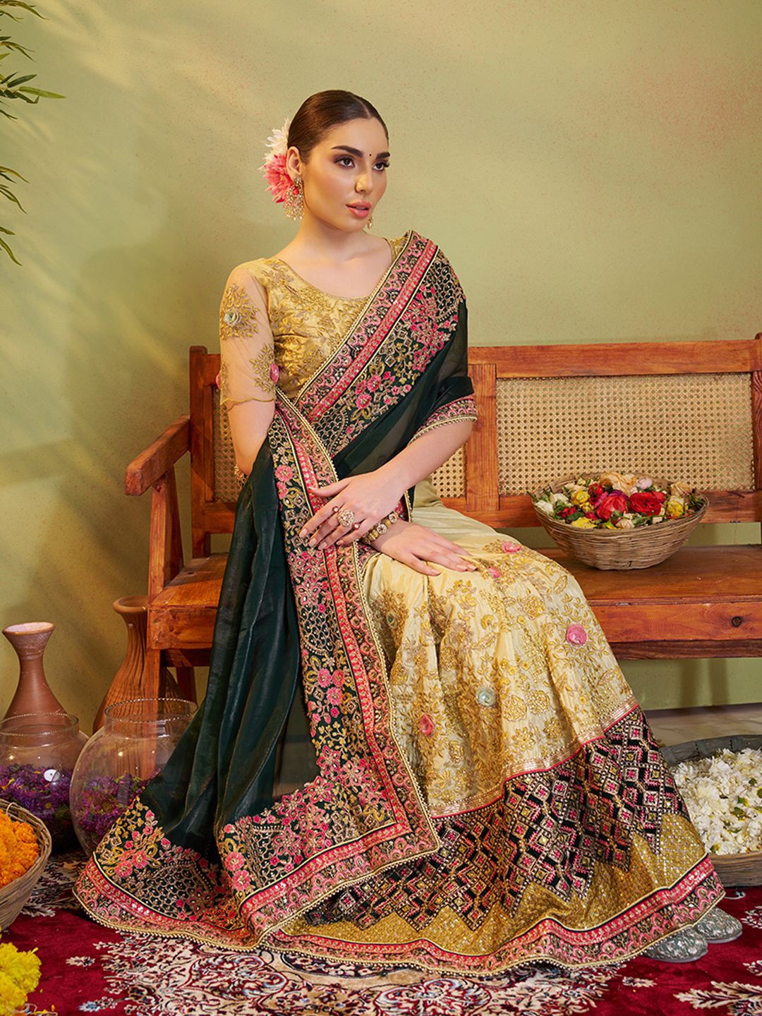 

Kalista Floral Embroidered Satin Saree, Green