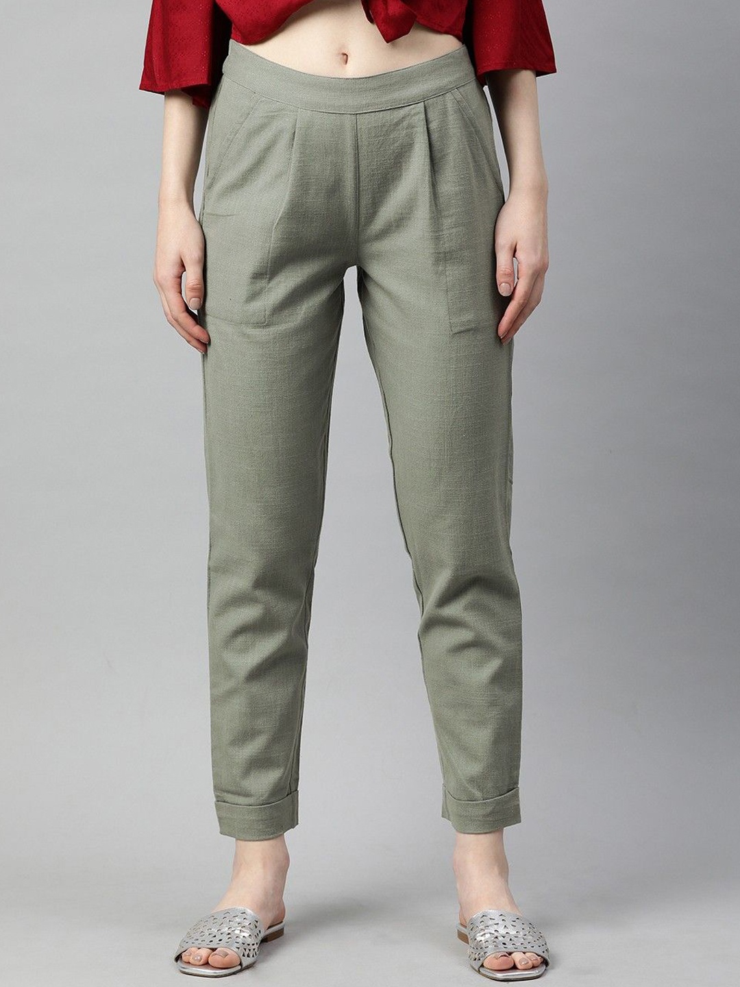

CORSICA Women Relaxed Regular Fit Mid-Rise Pure Cotton Trousers, Grey