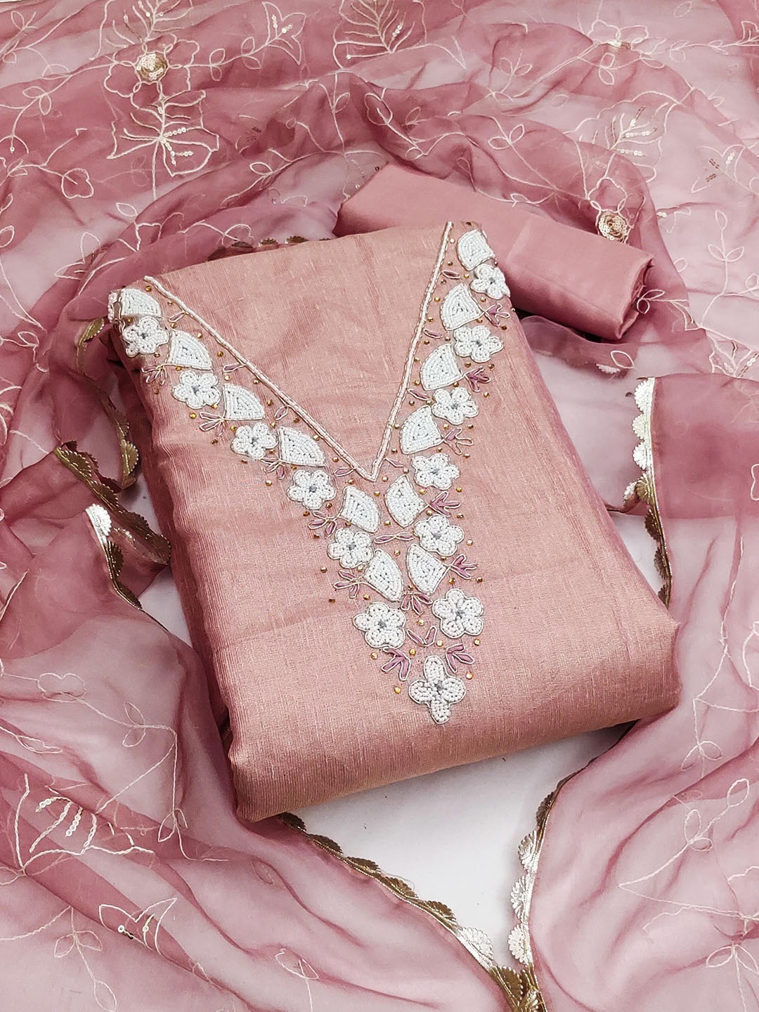 

SHADOW & SAINING Embellished Semi-Stitched Dress Material, Pink