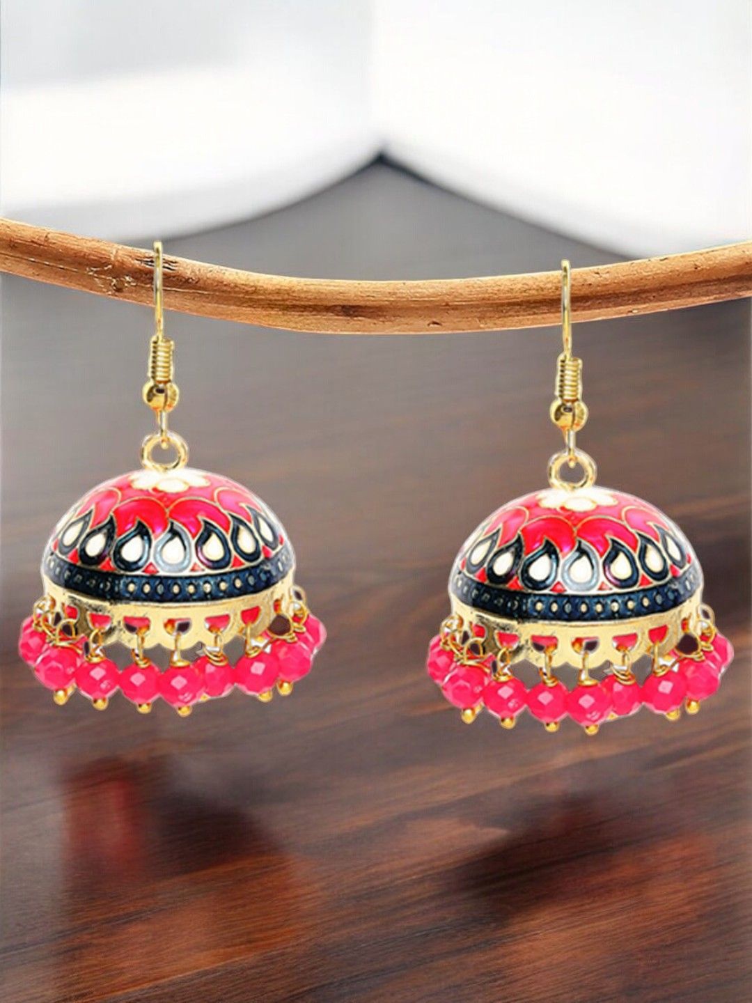 

Anouk Artificial Beads Beaded Meenakari Dome Shaped Jhumkas, Pink