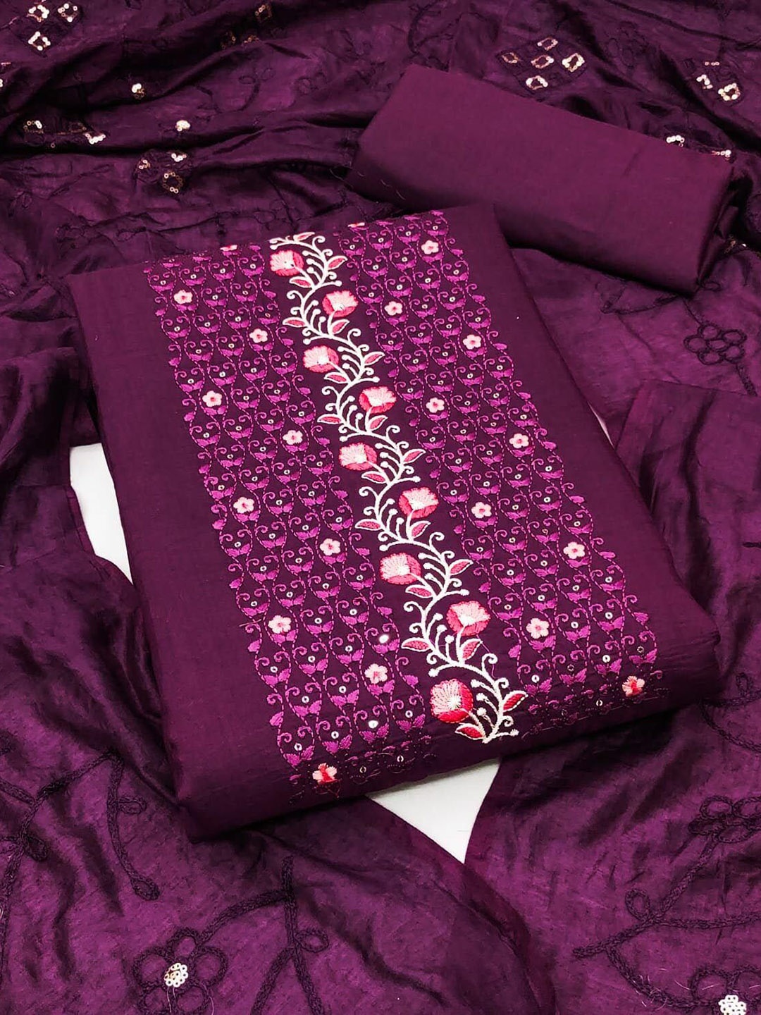 

SHADOW & SAINING Floral Embroidered Sequinned Parampara Silk Unstitched Dress Material, Purple