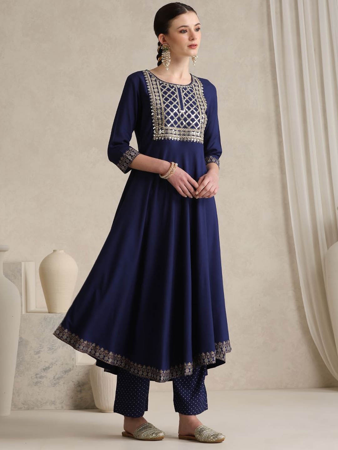 

Khushal K Women Embroidered Angrakha Thread Work Kurta with Palazzos & With Dupatta, Blue