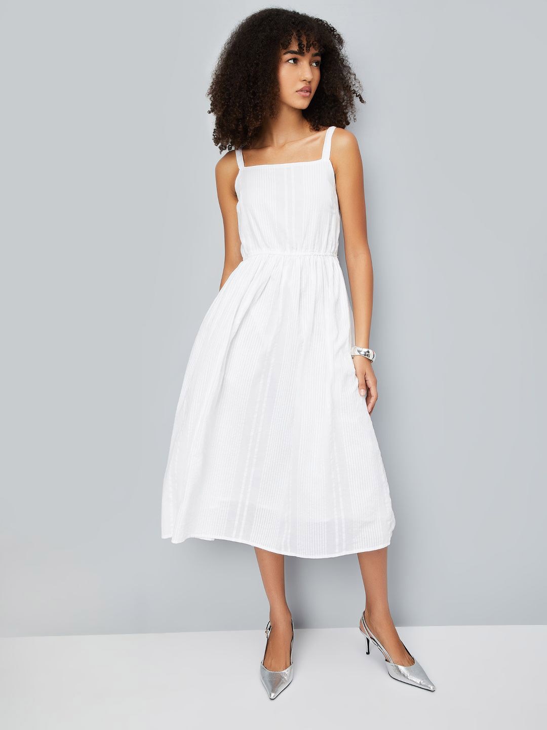 

max Women Shoulder Straps Pure Cotton Fit & Flare Midi Dress, Beige