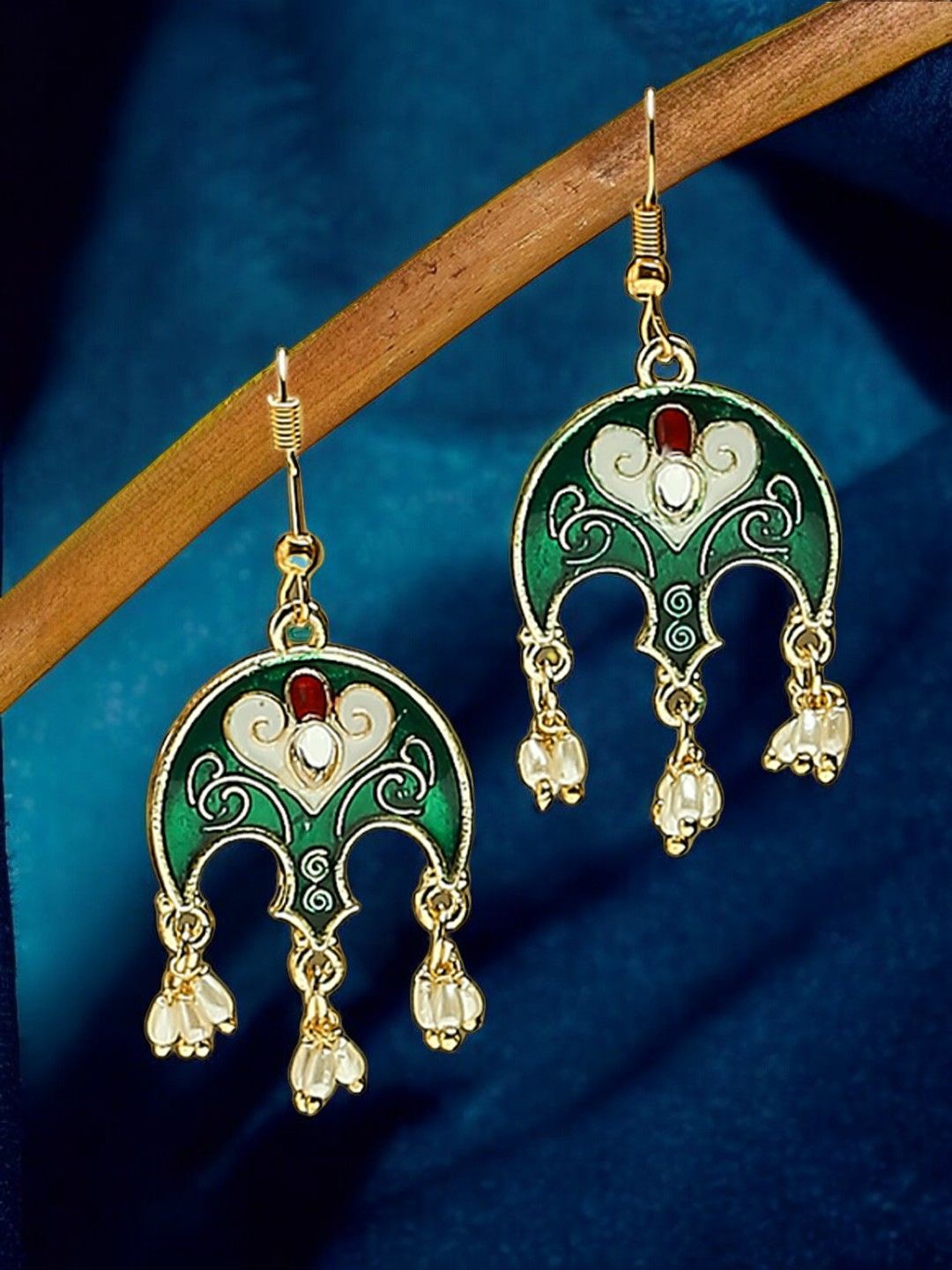 

Anouk Artificial Stones Studded and Beaded Meenakari Contemporary Shaped Drop Earrings, Green