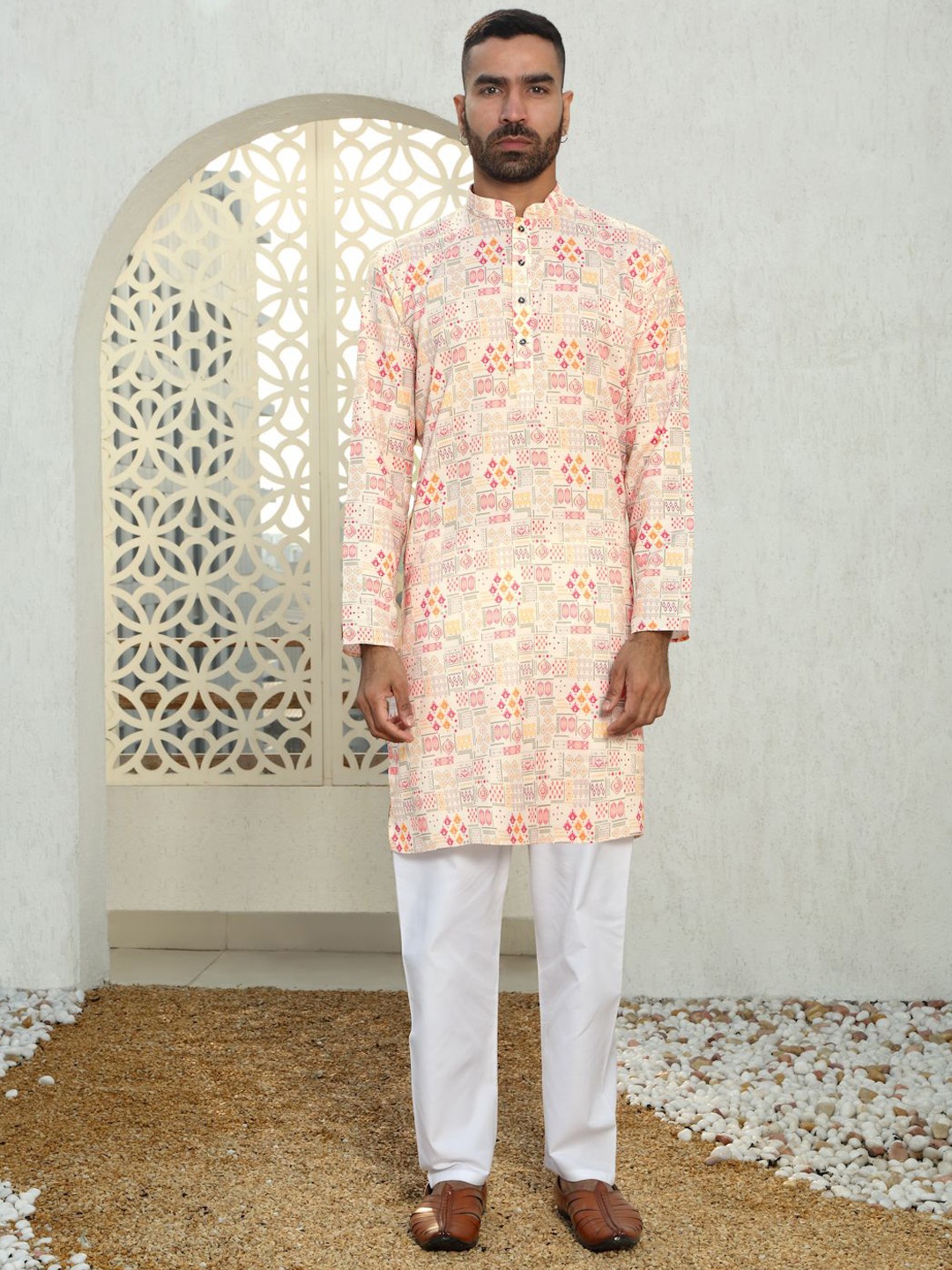 

KRAFT INDIA Men Printed Regular Kurta with Pyjamas, Peach