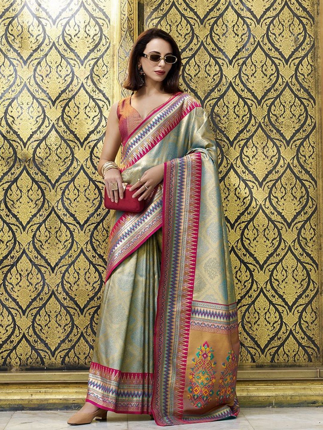 

MAHALASA Woven Design Zari Pure Silk Banarasi Saree, Sea green