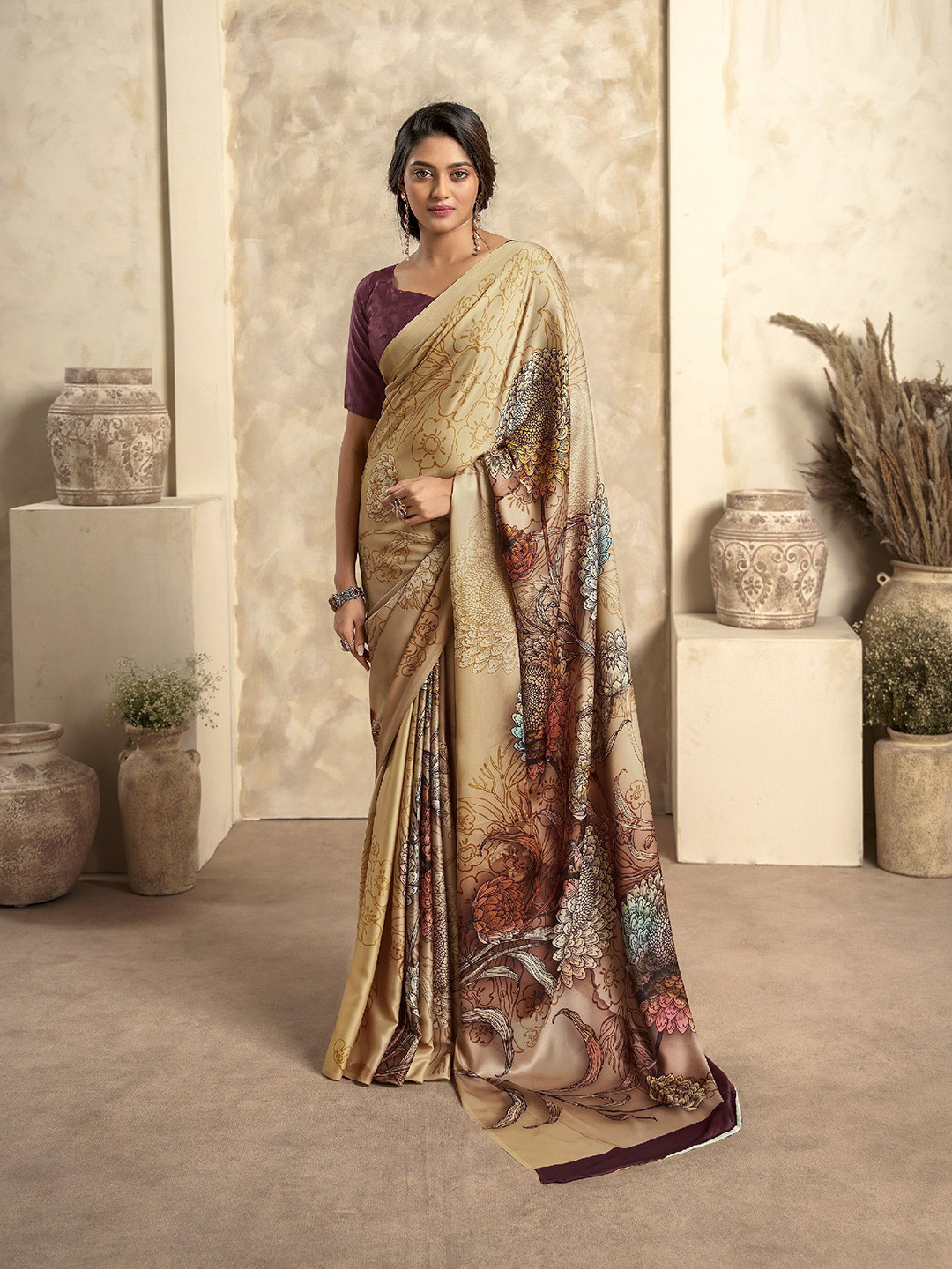 

MAHALASA Floral Satin Saree, Brown
