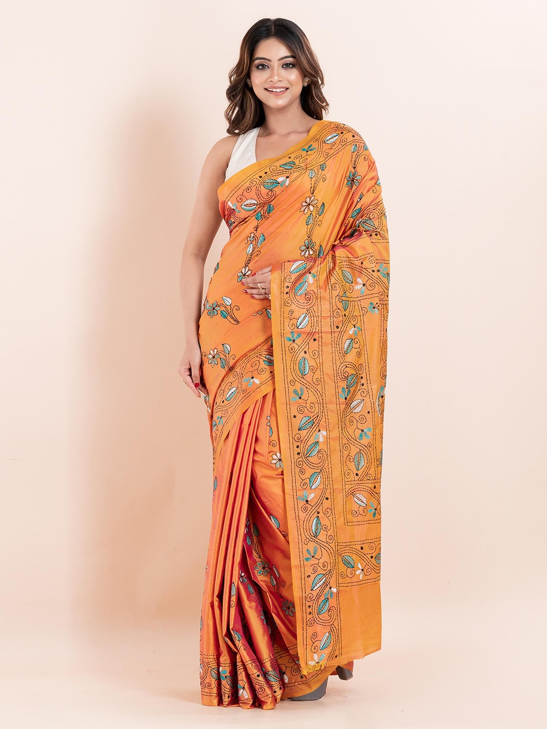 

PUKU Ethnic Motifs Embroidered Kantha Work Saree, Mustard