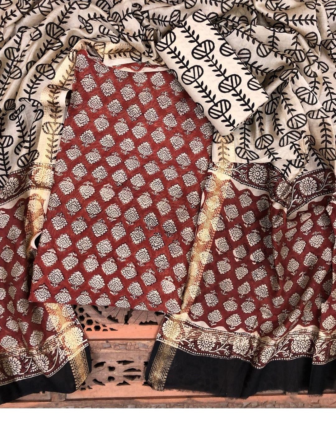 

PALASH Floral Block Printed Pure Silk Unstitched Dress Material, Maroon