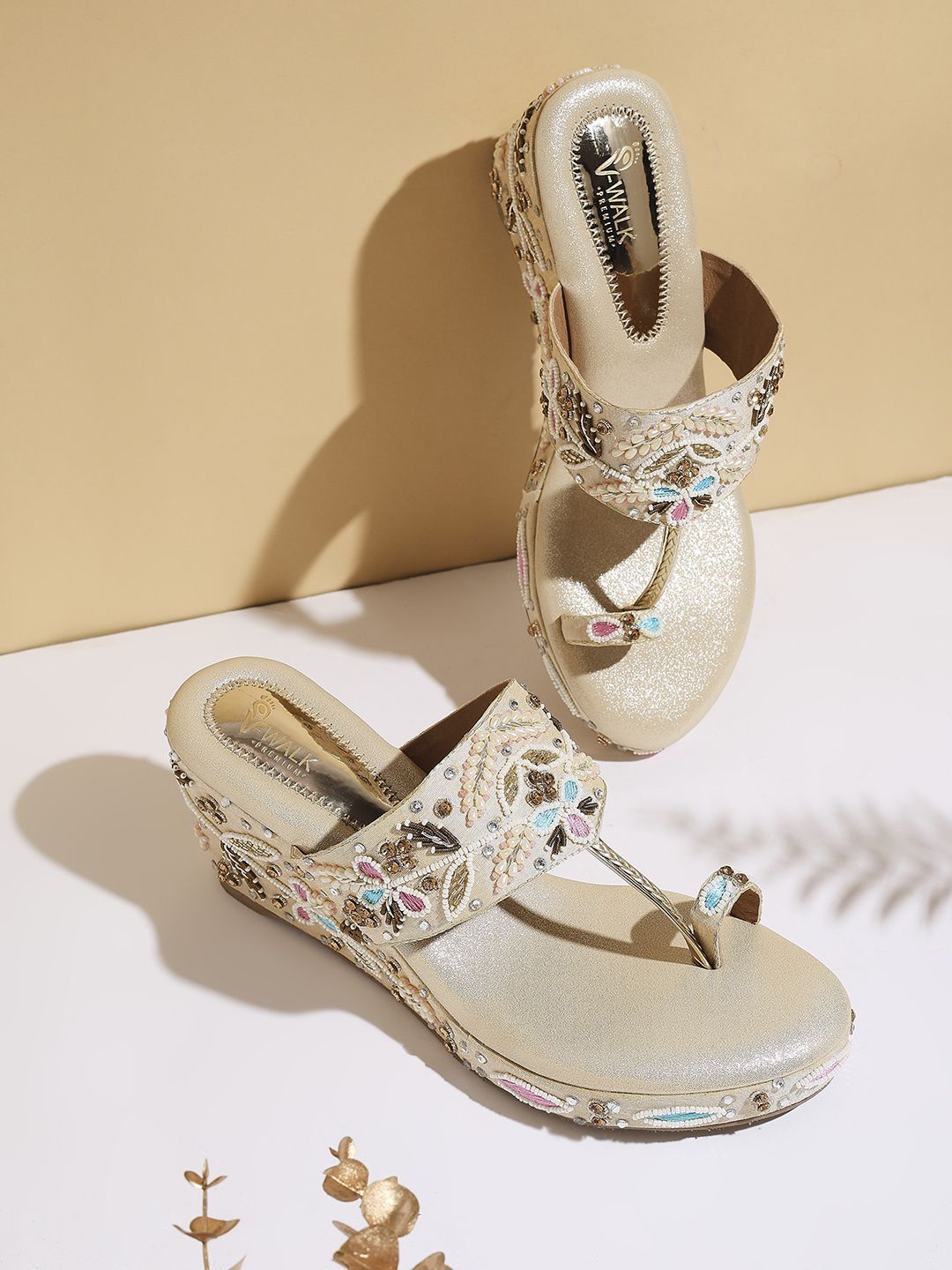 

V-WALK Women Embellished Party Platform Sandals, Gold