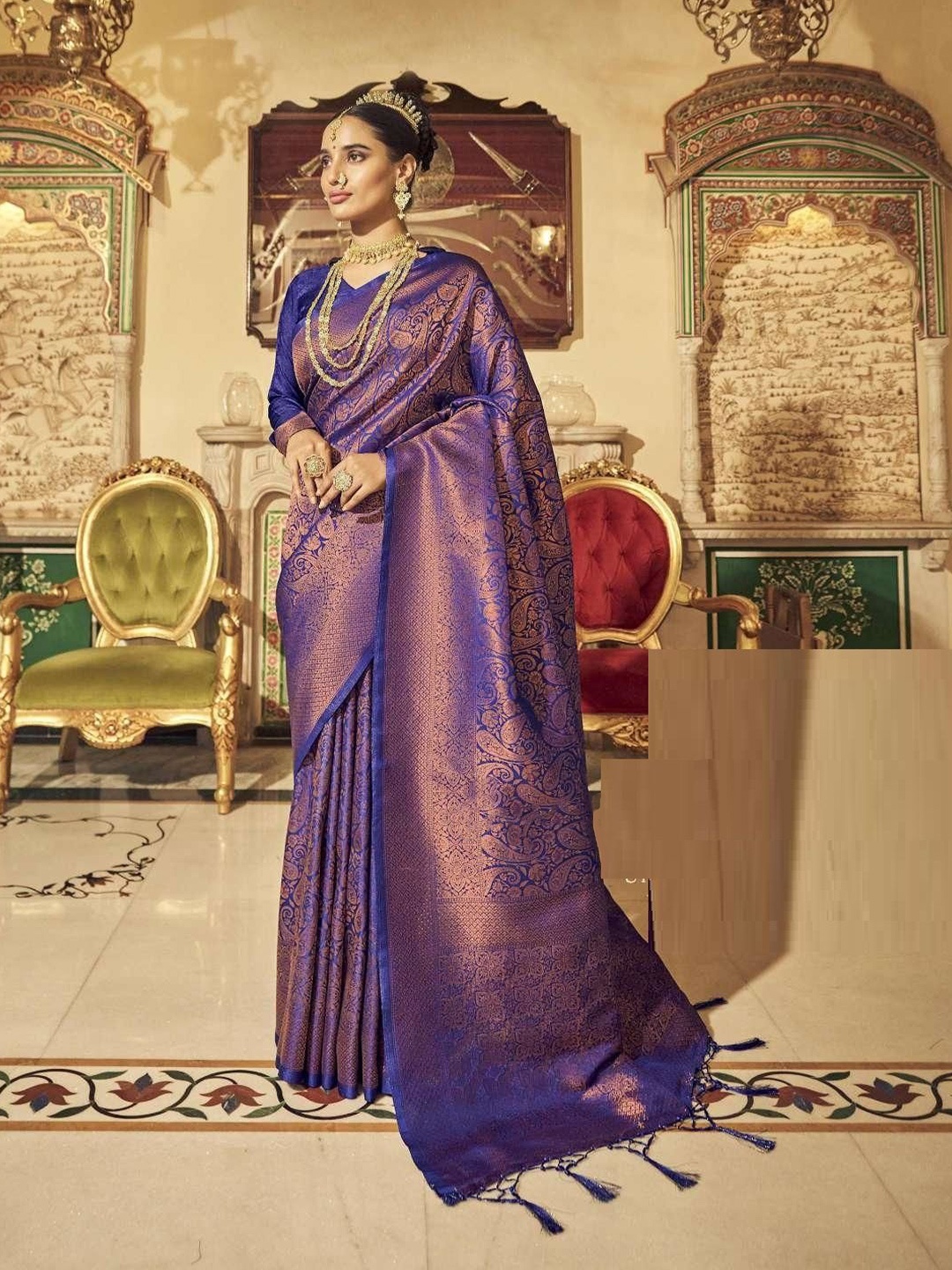 

MAHALASA Woven Design Zari Silk Kanjeevaram Saree, Purple