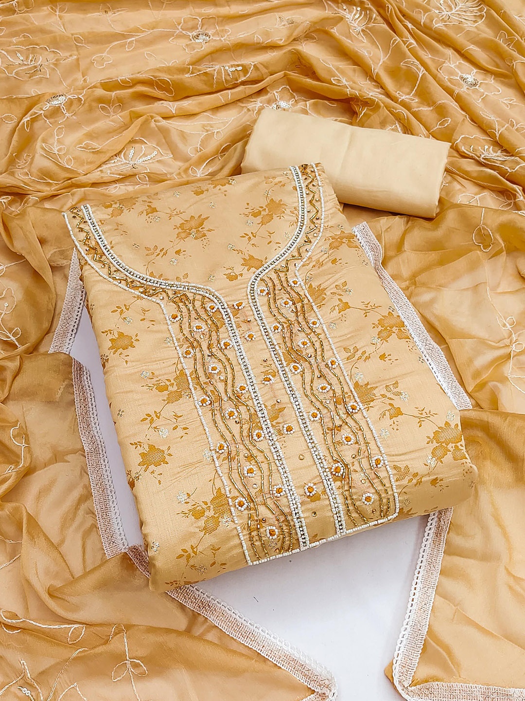 

SHADOW & SAINING Floral Printed Beads and Stones Unstitched Dress Material, Beige