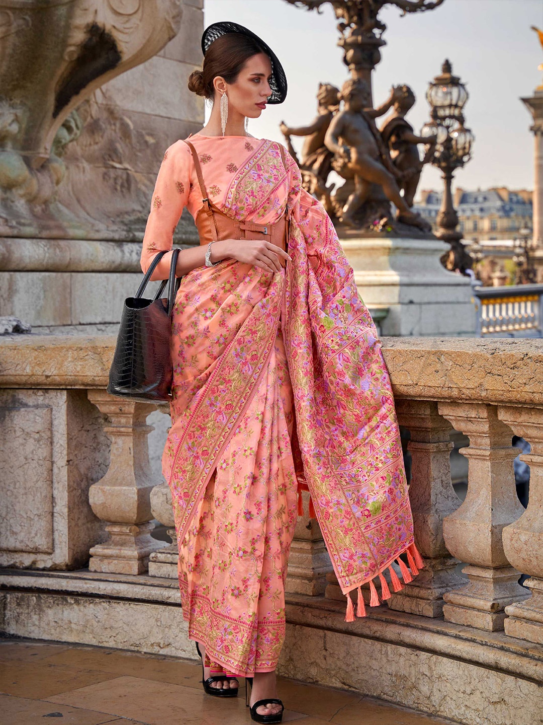 

Vardha Floral Printed Organza Ikat Saree, Pink