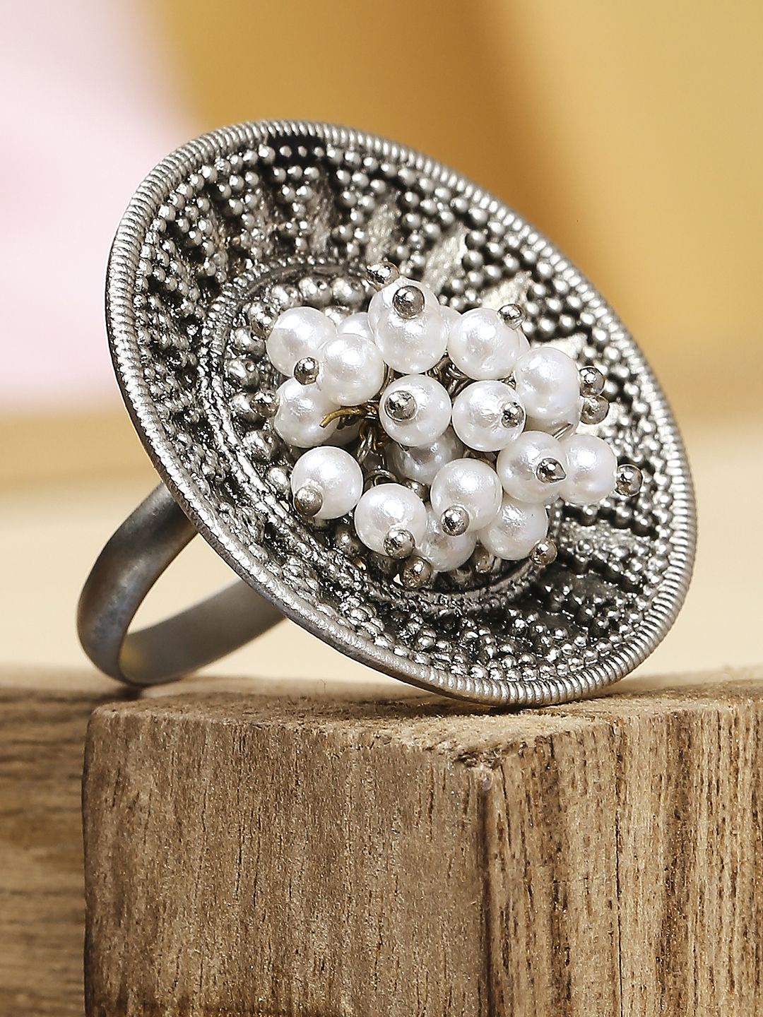 

Sangria Oxidised Tribal Theme Adjustable Finger Ring, Silver