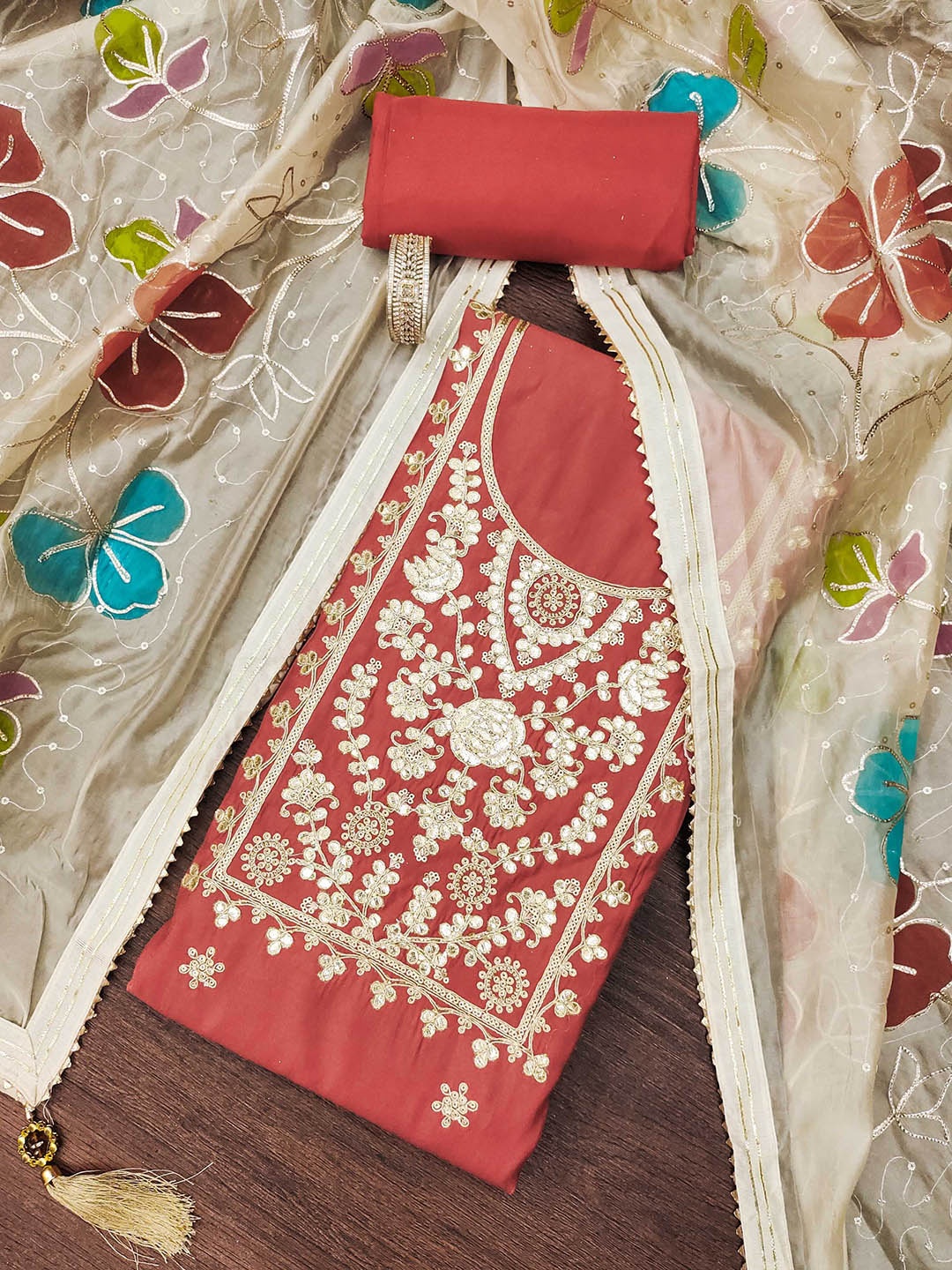 

SHADOW & SAINING Embroidered Pure Silk Semi-Stitched Dress Material, Peach