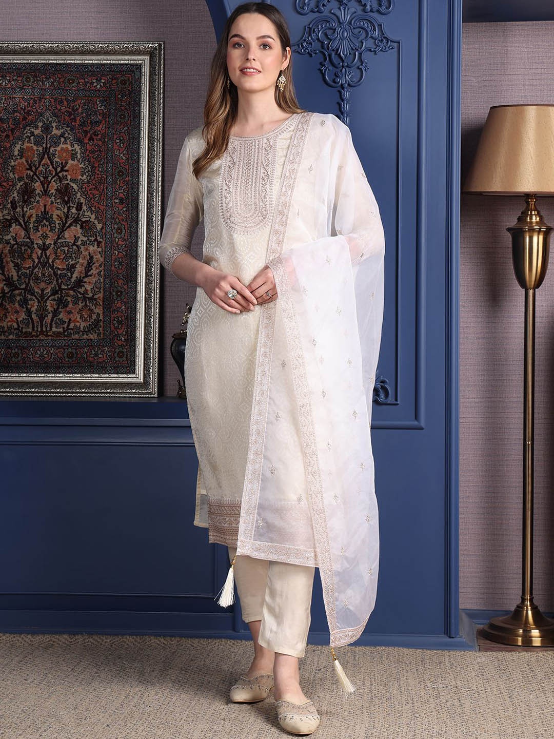 

Berrylicious Bandhani Printed Sequinned Straight Kurta with Trousers & Dupatta, Cream